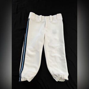 White Mizuno Softball pants with blue and black stripe along leg